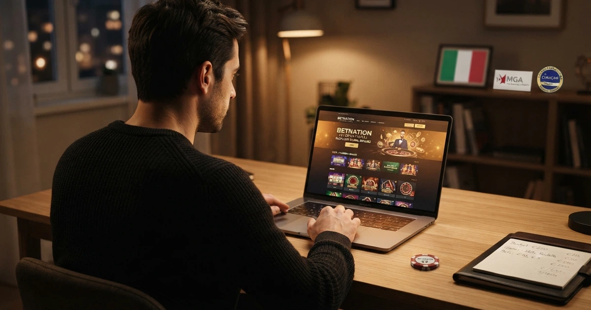 Un giocatore italiano davanti allo schermo del computer mentre confronta le homepage di diversi casinò online, con la bandiera italiana e icone di licenze internazionali visibili