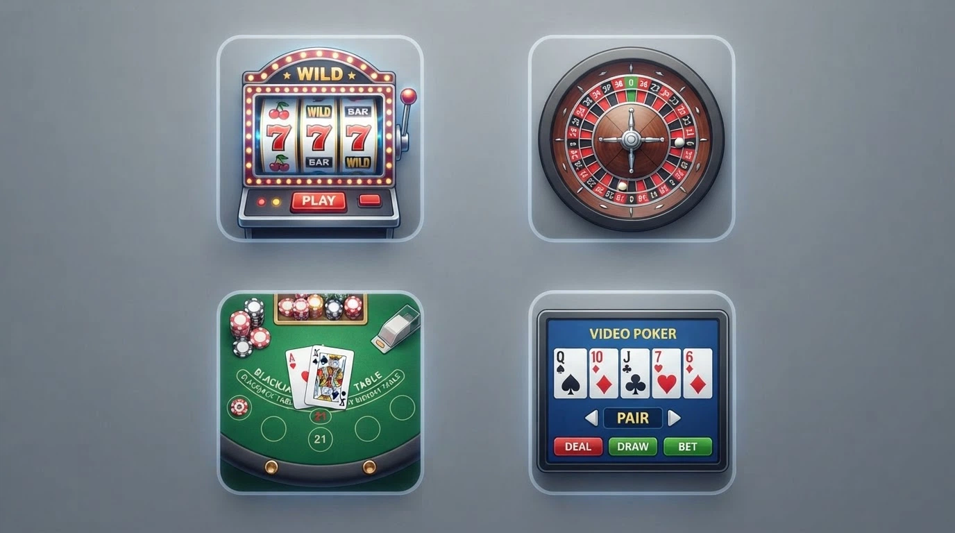 Griglia di icone di giochi da casinò in versione demo: slot, roulette, blackjack e video poker affiancati