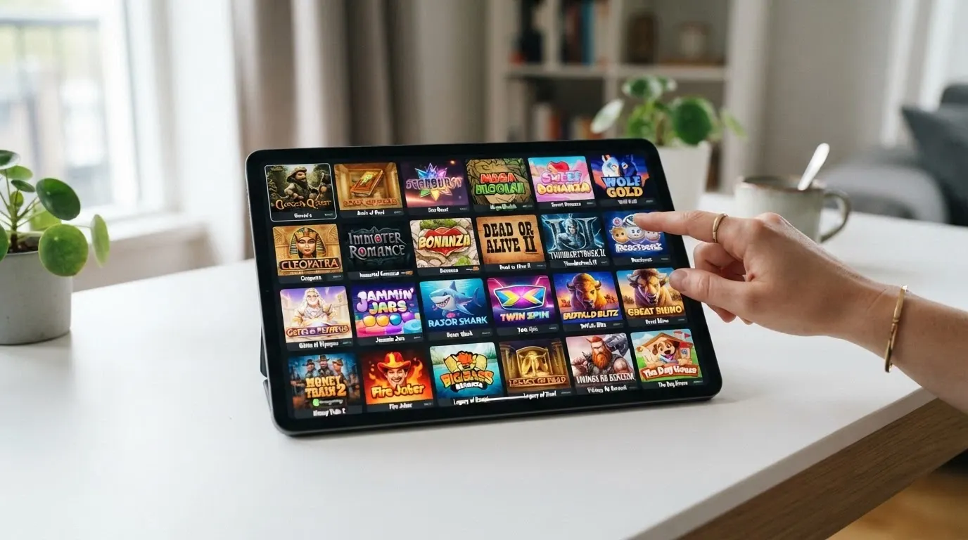 Griglia di anteprime di slot machine con copertine colorate, nomi dei titoli e badge dei provider visibili sotto ogni miniatura