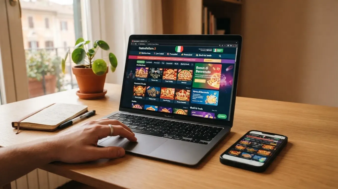 Schermata comparativa di un casino online italiano con licenza ADM, logo Pragmatic Play visibile, interfaccia della lobby giochi con slot e live casino in evidenza