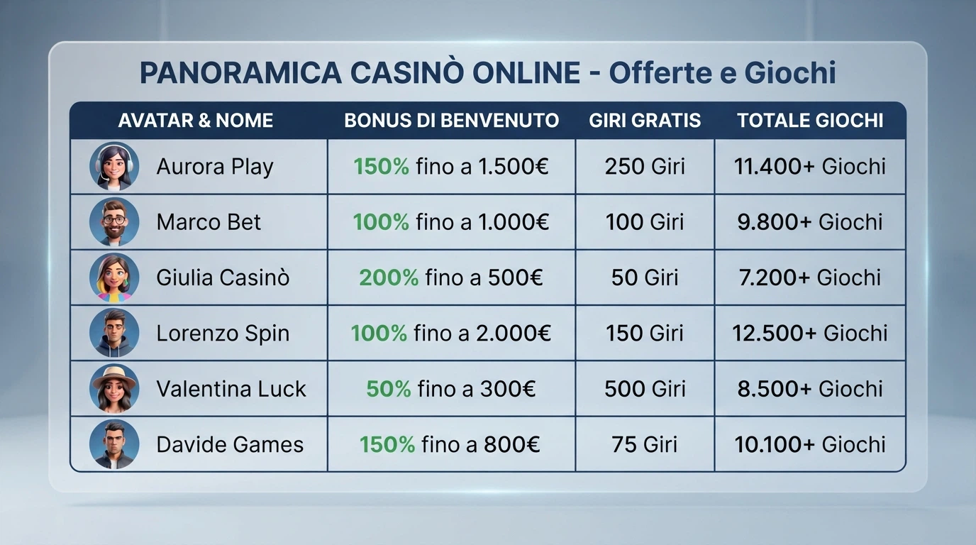 Tabella comparativa stilizzata con loghi dei casinò, percentuali bonus e numero di giochi