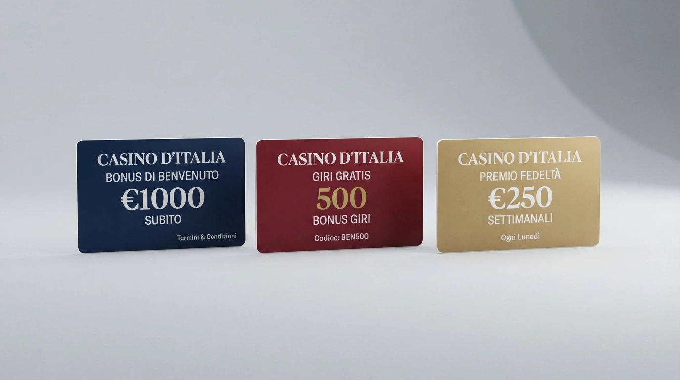 Una griglia comparativa stilizzata con le carte di tre casinò online affiancate, ciascuna con il proprio bonus senza deposito in evidenza e il logo dell'operatore