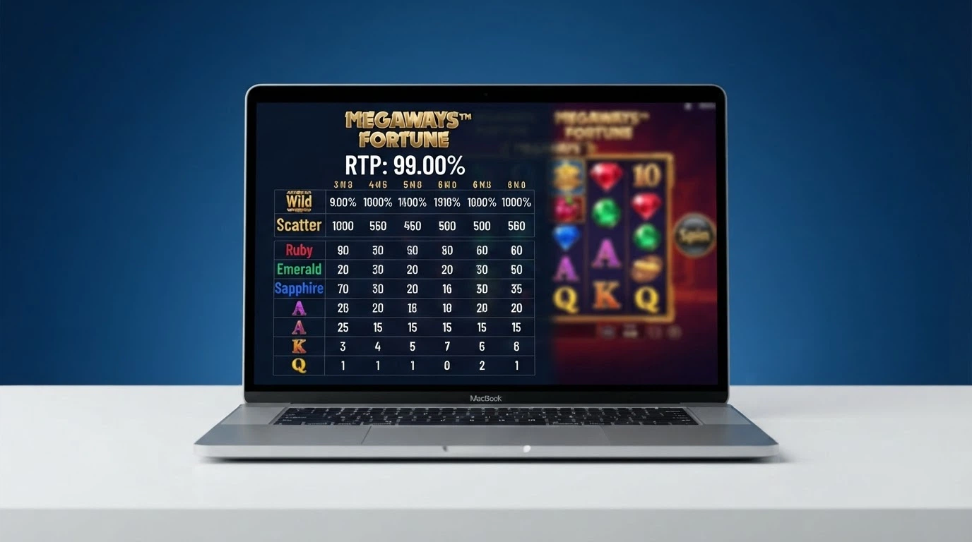 Un primo piano di una slot machine online con l'interfaccia della tabella pagamenti visibile, affiancata dal logo del provider.