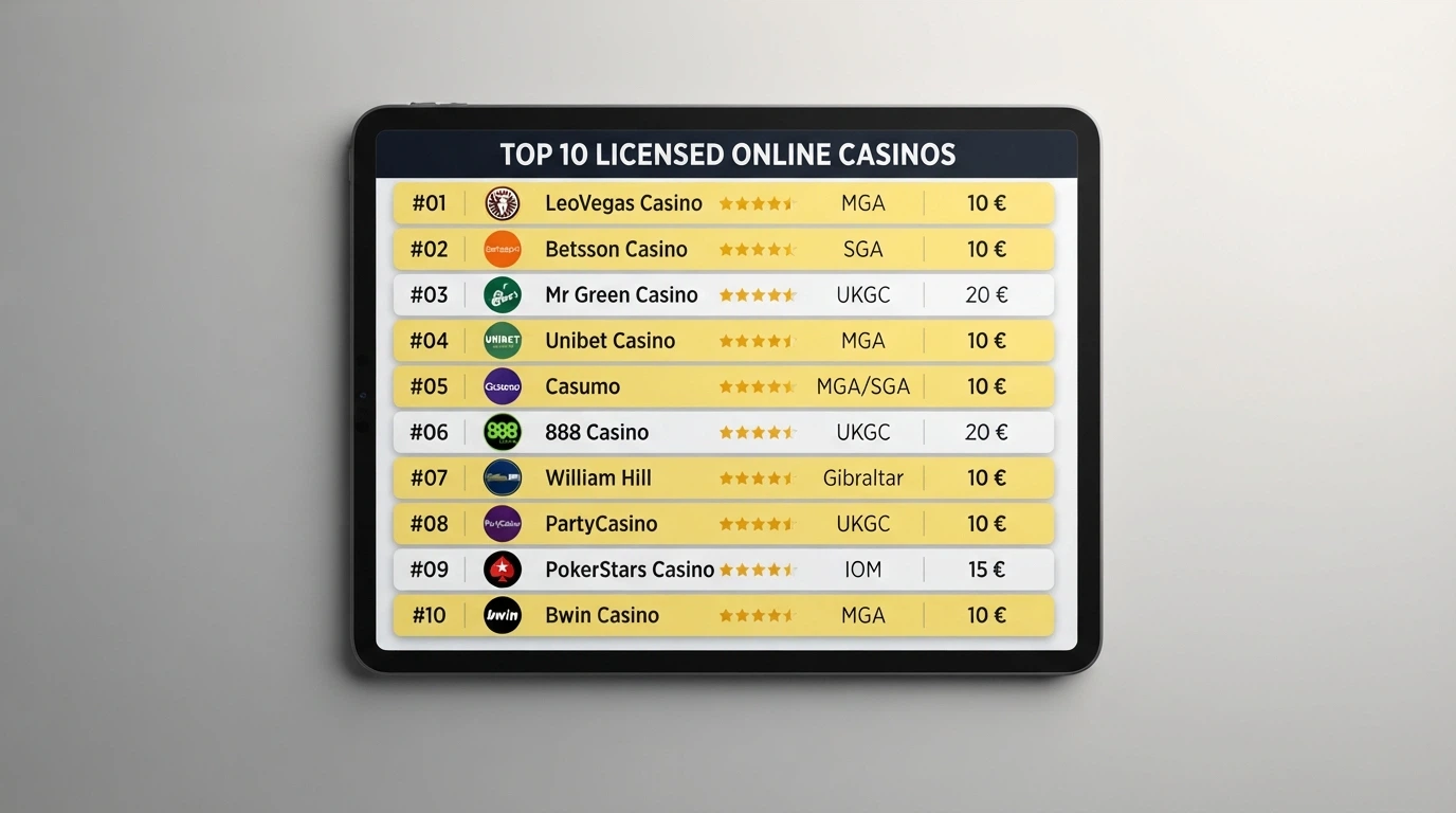 Una schermata che mostra l'elenco dei casinò ADM con licenza italiana, con i loghi ufficiali degli operatori e l'indicazione della concessione GAD accanto a ciascuno
