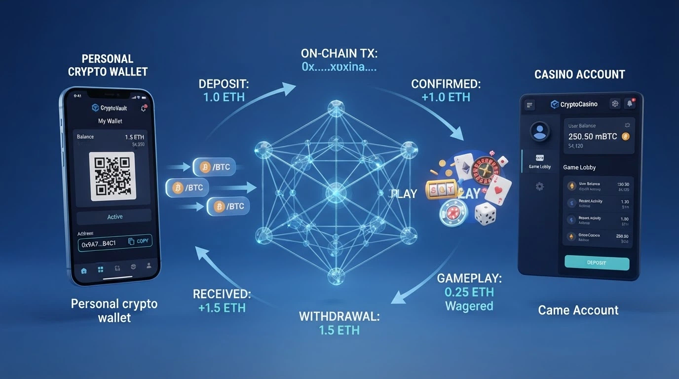 Schema del flusso deposito-gioco-prelievo in un crypto casino: wallet personale, blockchain, conto di gioco, prelievo on-chain