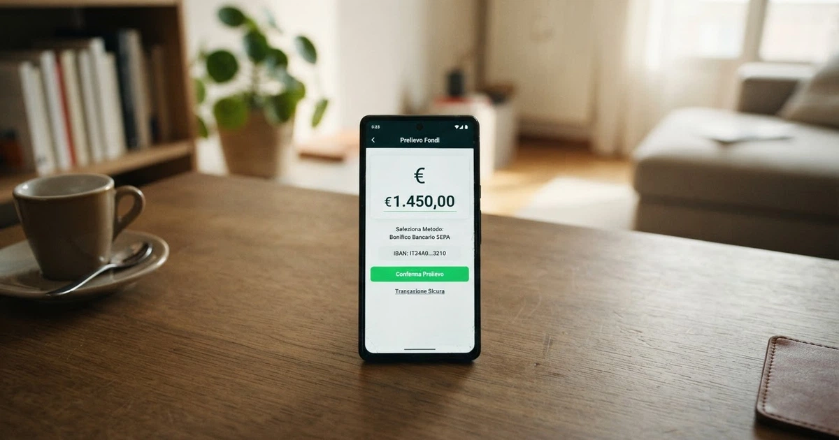 Interfaccia di prelievo di un casinò online con licenza ADM, con opzioni di pagamento, importo in euro e pulsante di conferma