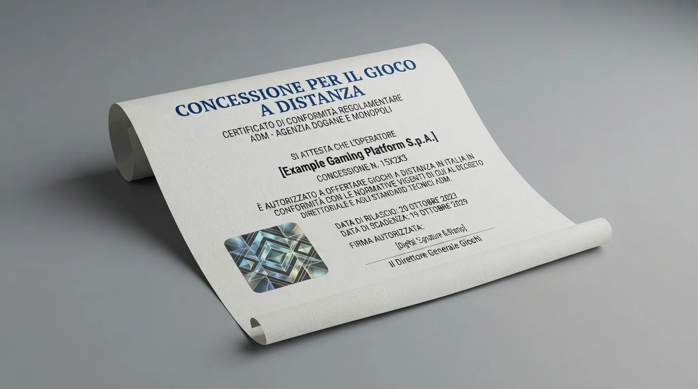 Logo ufficiale dell'Agenzia delle Dogane e dei Monopoli accanto al documento di concessione ADM per il gioco a distanza