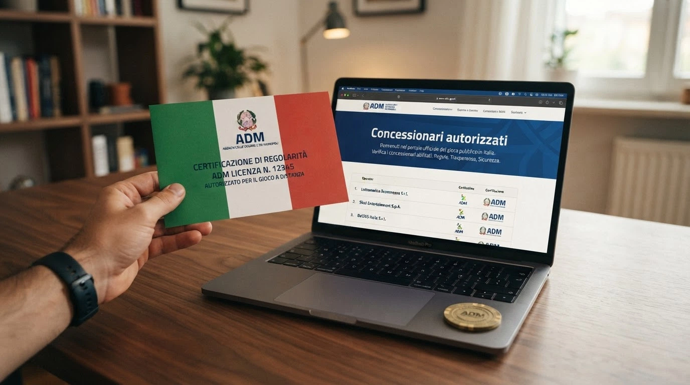 Rappresentazione grafica del sistema concessorio ADM: il logo dell'Agenzia delle Dogane e dei Monopoli affiancato dai marchi dei concessionari autorizzati, con l'indicazione del numero di concessioni attive e dell'anno del bando.
