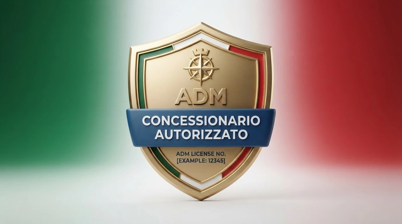 Il logo dell'Agenzia delle Dogane e dei Monopoli accanto a un lucchetto su sfondo tricolore, con la dicitura «Concessionario autorizzato»
