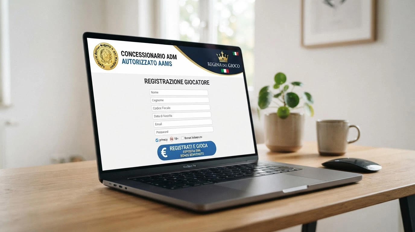 Il logo ufficiale dell'Agenzia delle Dogane e dei Monopoli accanto alla dicitura «Concessionario ADM» su uno schermo di registrazione di un casinò online italiano.