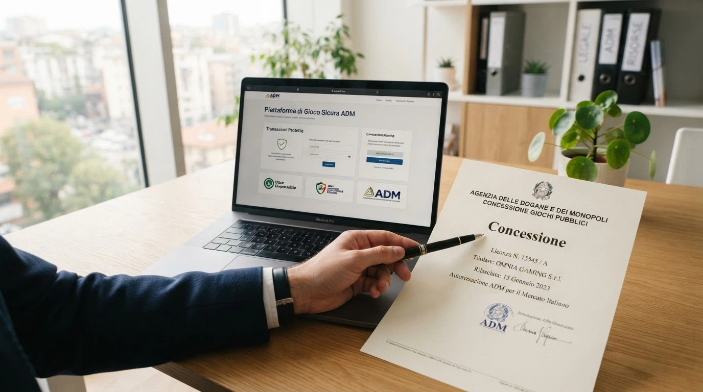 Il logo ufficiale ADM e un dettaglio del registro concessioni con il numero di licenza di un casinò online