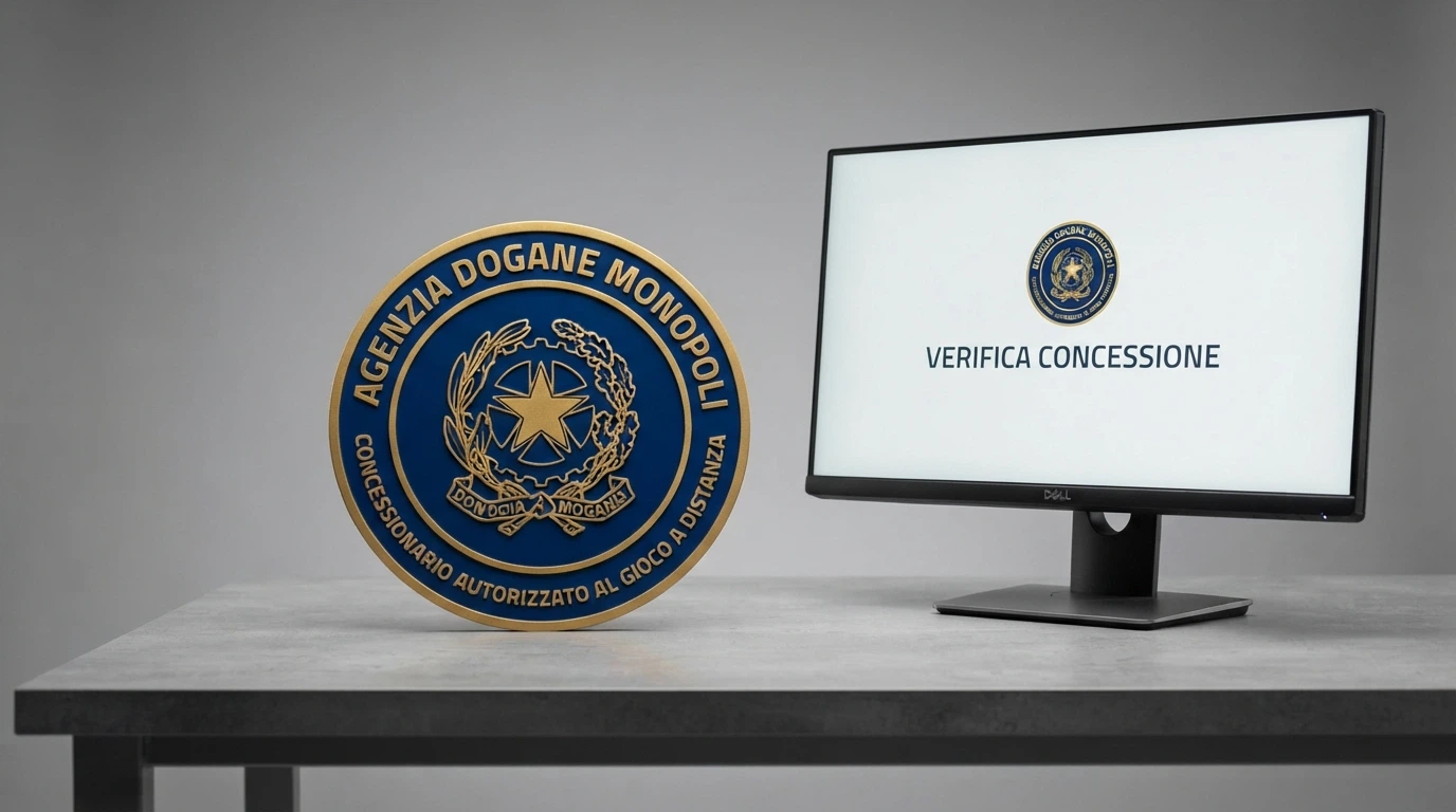 Il logo ufficiale dell'Agenzia delle Dogane e dei Monopoli visualizzato su uno schermo, affiancato dalla dicitura «Concessionario autorizzato al gioco a distanza»