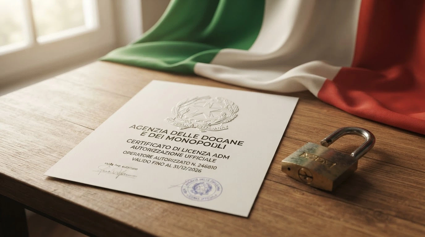 Il sigillo ufficiale dell'Agenzia delle Dogane e dei Monopoli (ADM) affiancato a un lucchetto aperto e alla bandiera italiana, su sfondo istituzionale