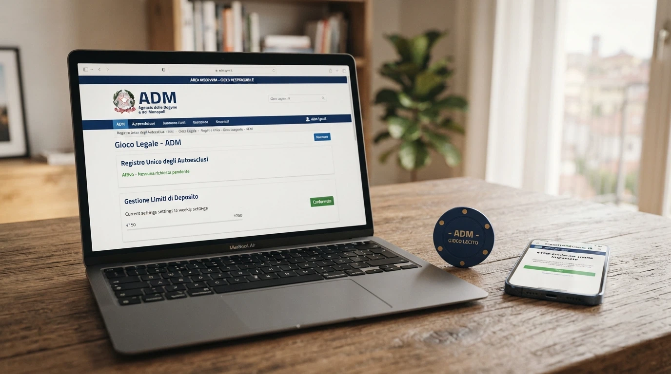 Logo dell'Agenzia delle Dogane e dei Monopoli accanto alle icone del Registro Unico degli Autoesclusi, limiti di deposito e blocco DNS