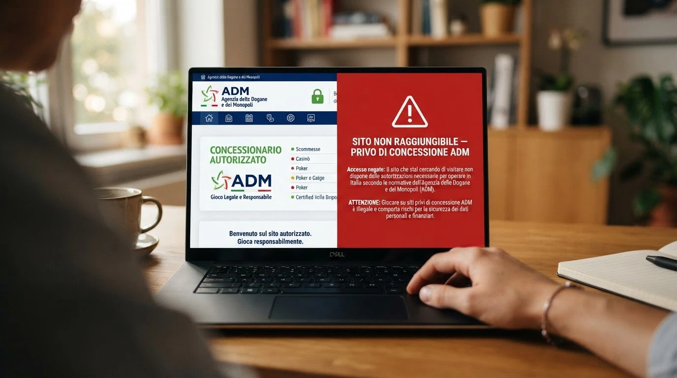 Uno schermo diviso in due metà: a sinistra il logo ADM con un lucchetto verde e la dicitura «Concessionario Autorizzato», a destra un alert rosso di blocco DNS con la dicitura «Sito non raggiungibile — privo di concessione ADM»