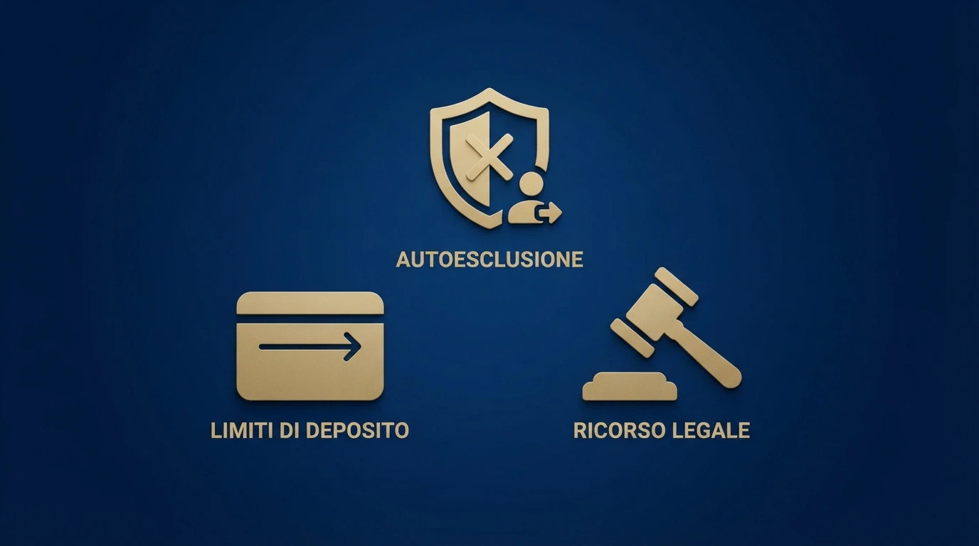 Logo ufficiale dell'Agenzia delle Dogane e dei Monopoli accanto alle icone delle tutele del giocatore: RUA, limiti di deposito, ricorso legale