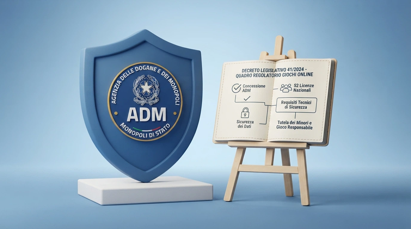 Il logo ufficiale dell'Agenzia delle Dogane e dei Monopoli accanto a un estratto del Decreto Legislativo 41/2024 e alla lista dei concessionari autorizzati al gioco a distanza