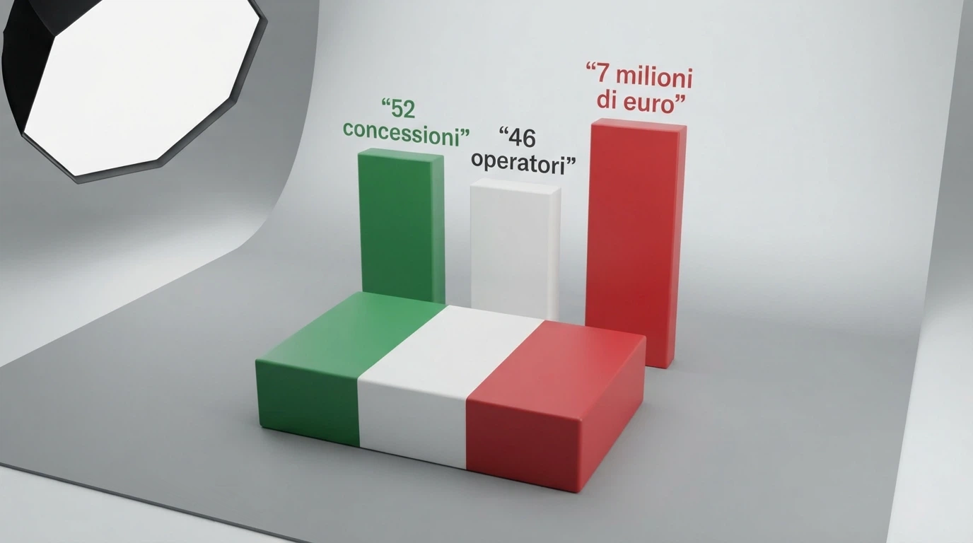 Schema visivo del sistema concessorio italiano: 52 concessioni novennali, costo di 7 milioni di euro, 46 operatori assegnatari