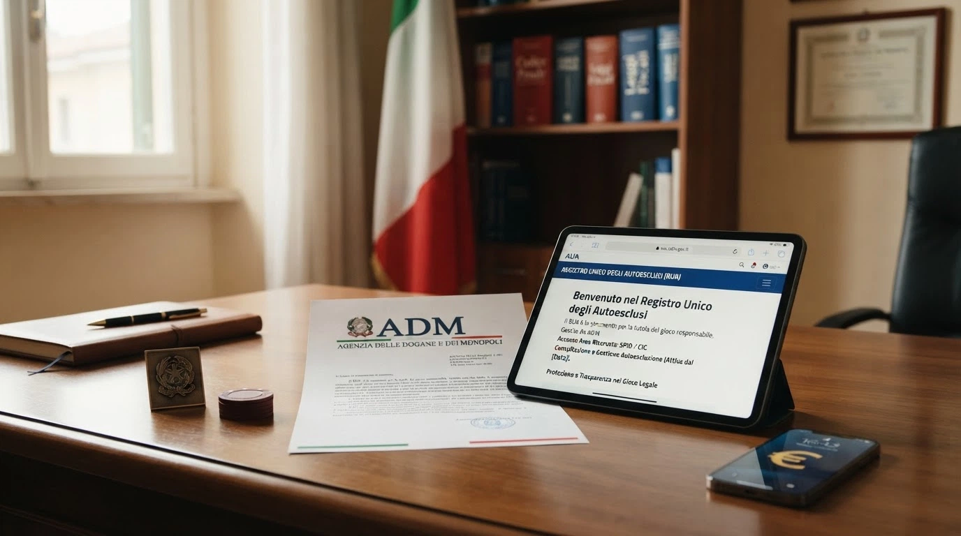 Il logo ufficiale dell'Agenzia delle Dogane e dei Monopoli accanto a una rappresentazione grafica del Registro Unico degli Autoesclusi, con icone di limite di deposito e autoesclusione