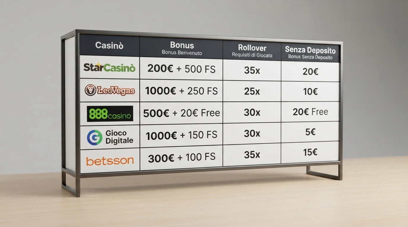 Tabella comparativa dei bonus di benvenuto dei casinò ADM con colonne per importo, rollover e componente senza deposito