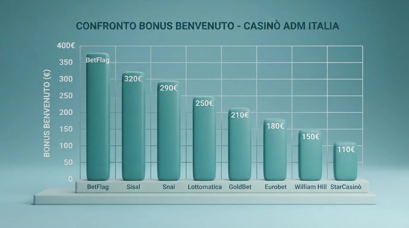 Tabella comparativa con i loghi e gli importi dei bonus di benvenuto dei principali casinò online con licenza ADM in Italia