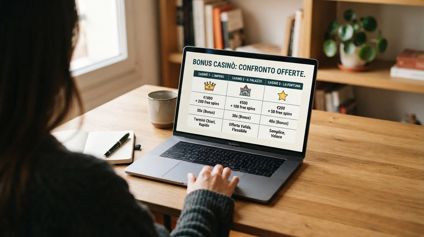 Una schermata comparativa stilizzata che affianca tre riquadri con i loghi di casinò ADM, le rispettive voci di bonus e il numero di concessione in evidenza