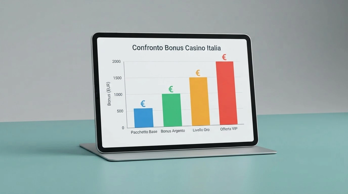 Una schermata con loghi di casinò online italiani e importi di bonus di benvenuto affiancati in formato comparativo