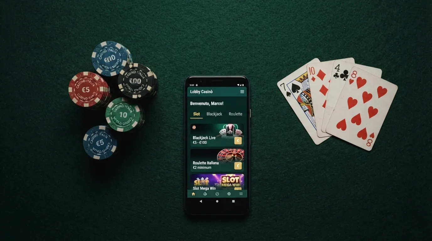 Un tavolo da gioco visto dall'alto con fiches, carte e un dispositivo mobile che mostra la schermata di un casinò online con licenza ADM