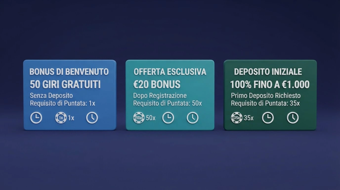 Vista comparativa di tre schede operatore affiancate con dati su bonus, wagering e validità messi in evidenza