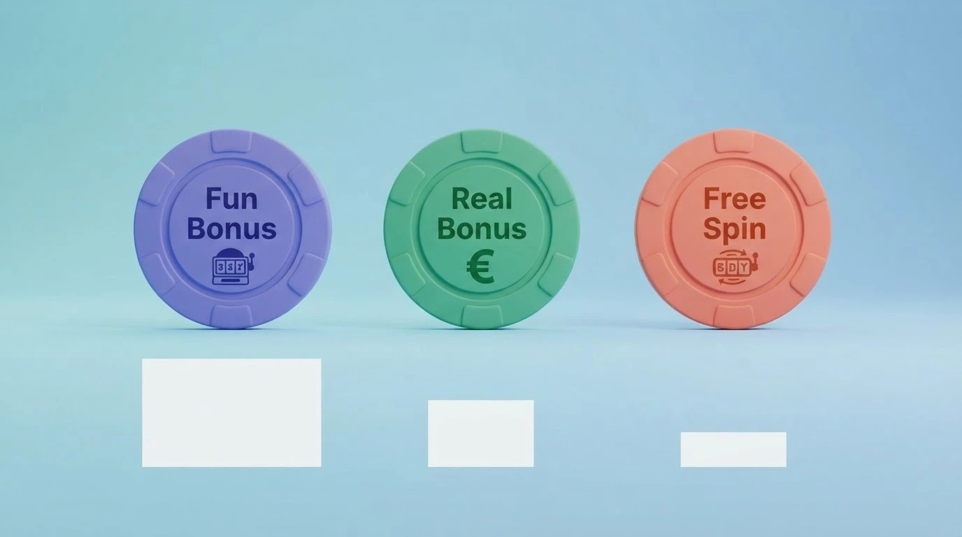Uno schema visivo che affianca le tre tipologie di bonus senza deposito (Fun Bonus, Real Bonus, Free Spin) con i loro wagering e le loro condizioni