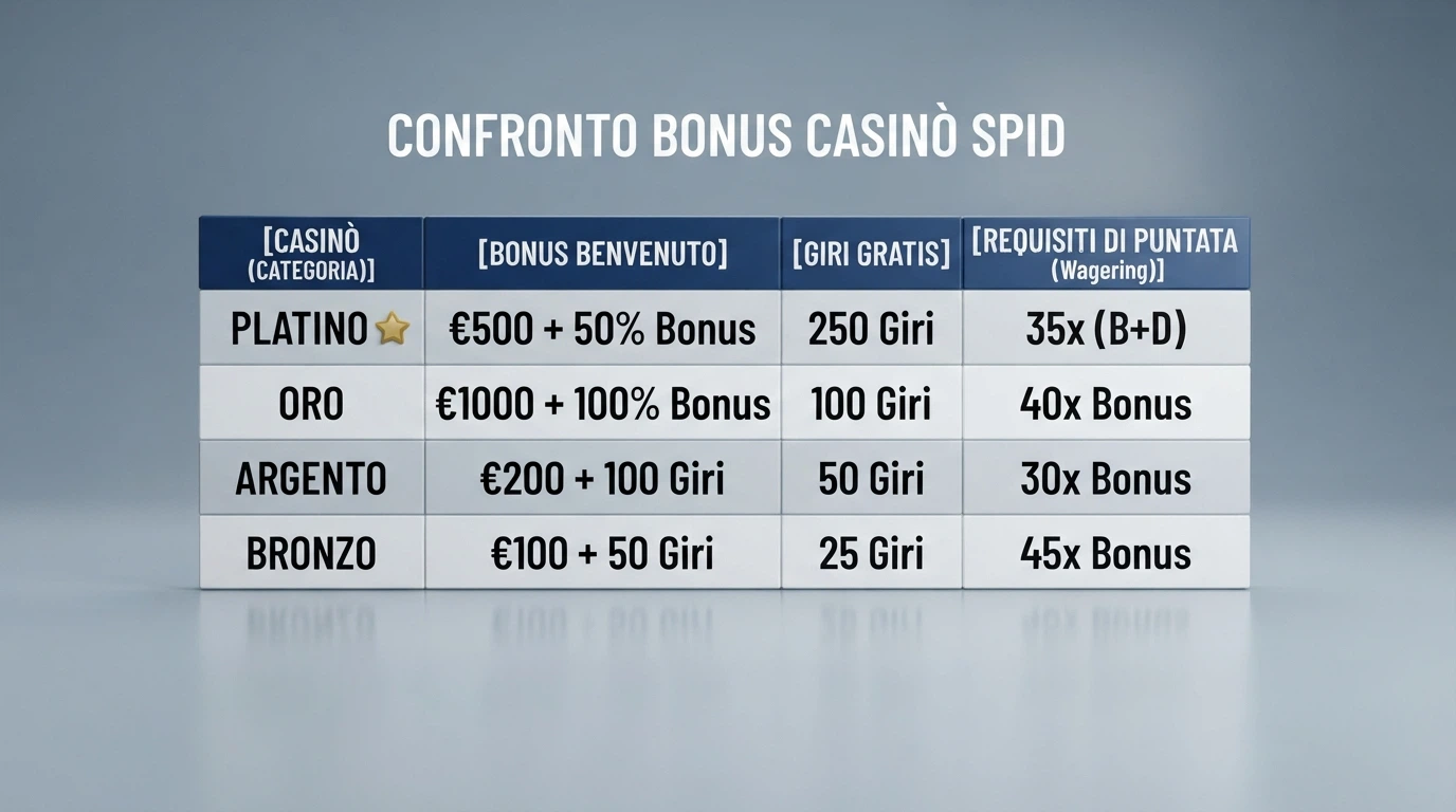 Tabella comparativa dei bonus dei casinò ADM con SPID, con le colonne dedicate a bonus di benvenuto, giri gratis e offerte senza deposito