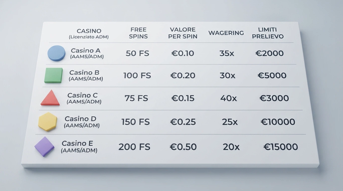 Una tabella comparativa stilizzata con le icone dei casinò ADM in colonna e i parametri dell'offerta in riga, su sfondo bianco pulito