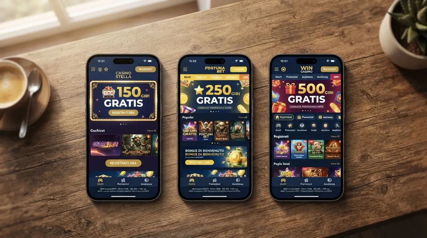 Schermata comparativa con i loghi o le schede di più casinò online autorizzati ADM affiancati dalle rispettive offerte di giri gratis