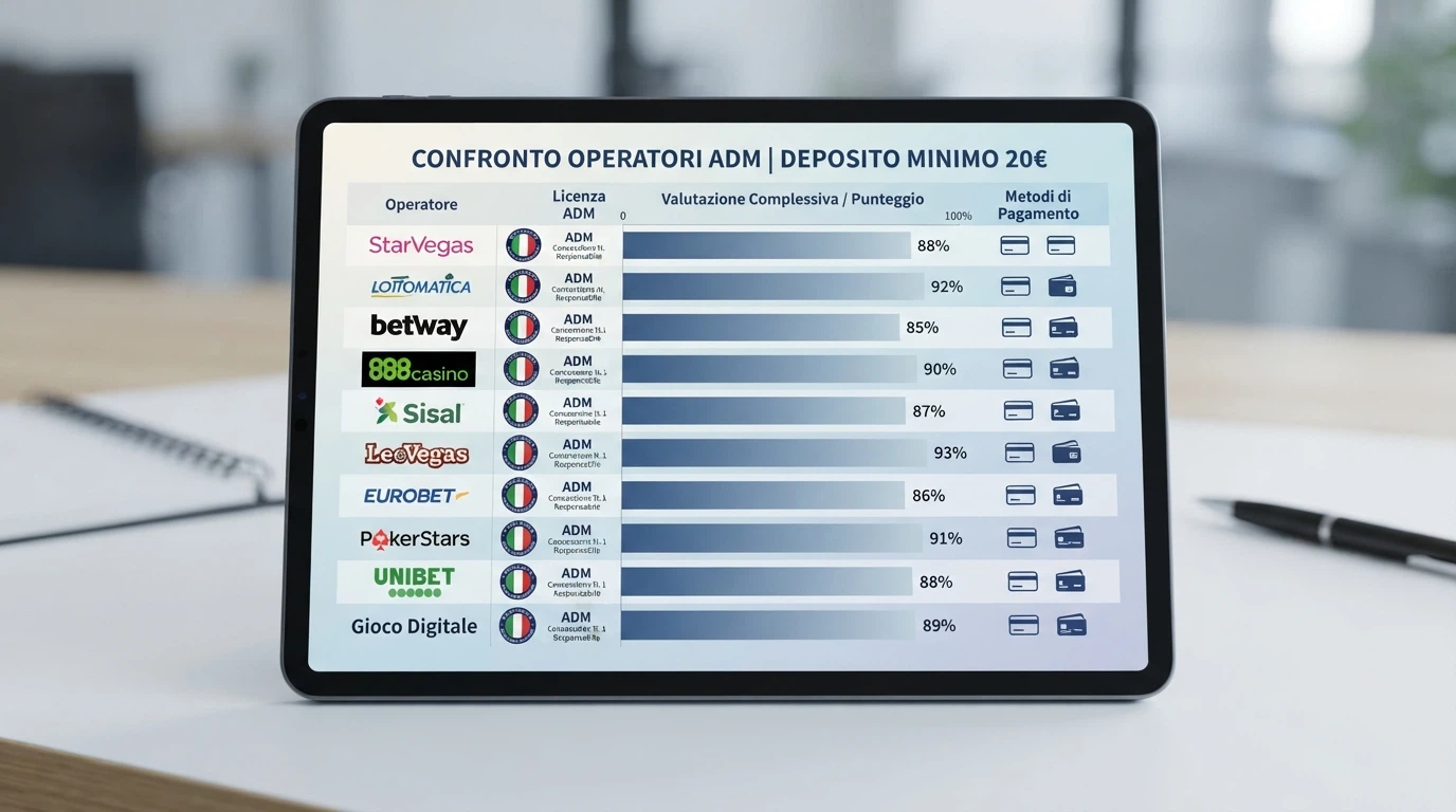 Una schermata comparativa con le icone di diversi casinò online e l'indicazione del deposito minimo a 20 euro, accanto a simboli di metodi di pagamento e un badge con la scritta ADM