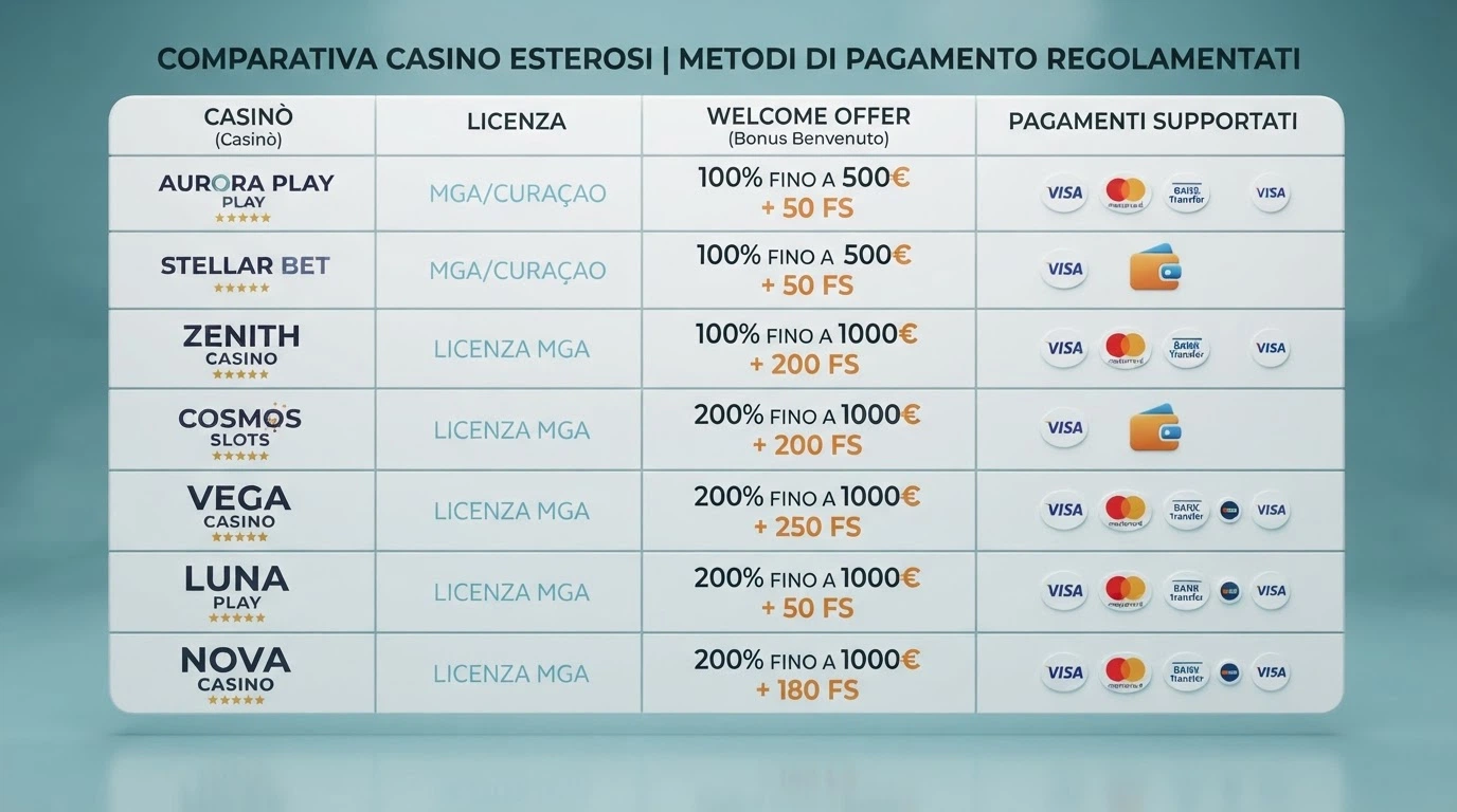 Tabella con i nomi, le licenze e le offerte di benvenuto dei principali casinò non AAMS che supportano EcoPayz
