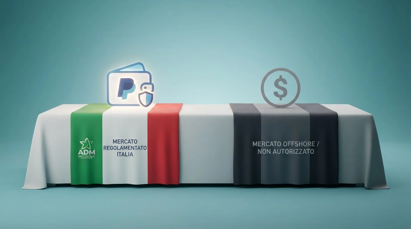 Una tabella stilizzata con due colonne contrapposte — una sormontata dal tricolore italiano e dal logo ADM, l'altra da una bandierina di Curaçao — e il logo PayPal acceso solo nella prima
