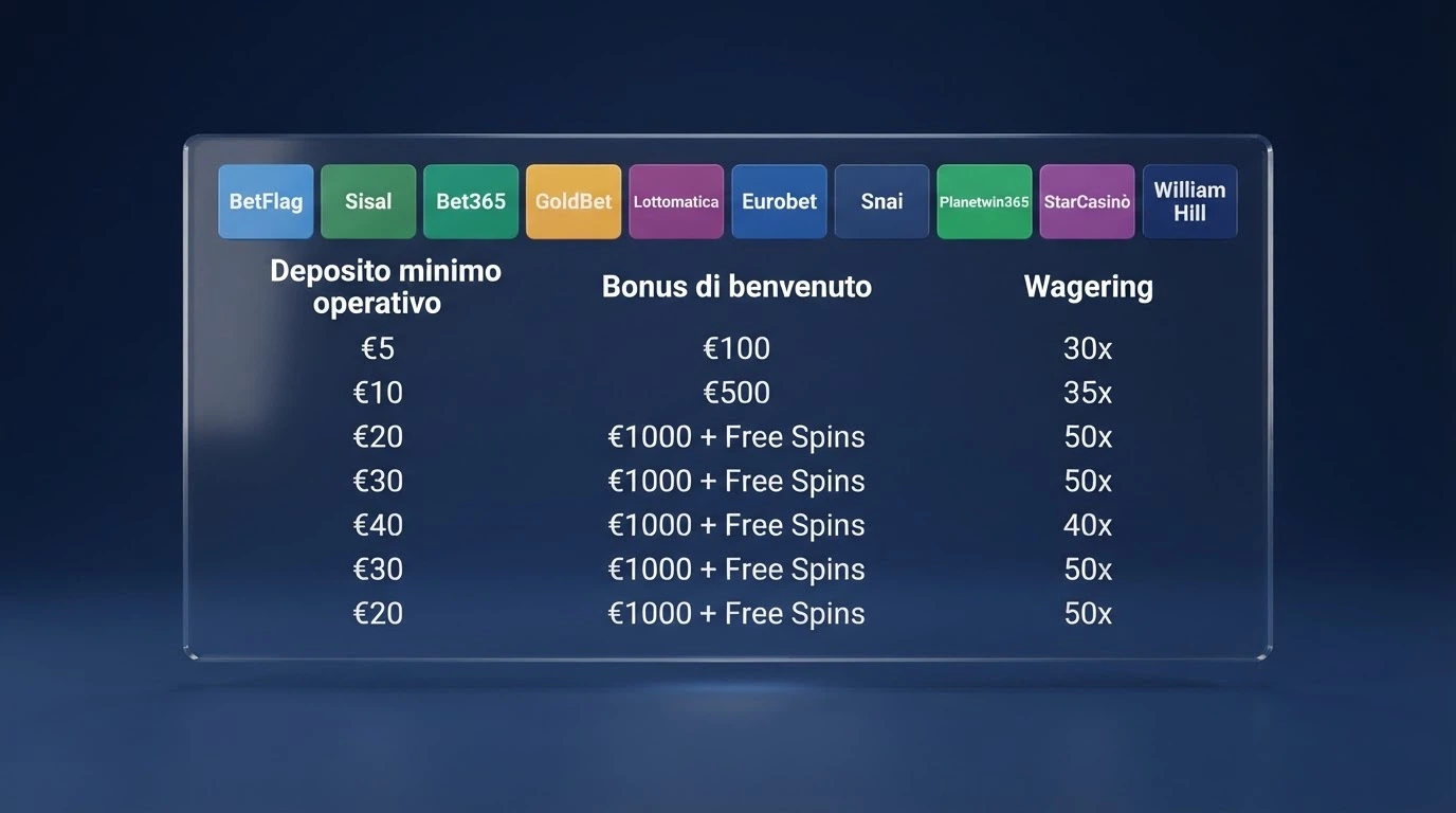 Una tabella comparativa stilizzata con le icone dei principali operatori ADM italiani e i rispettivi depositi minimi in evidenza