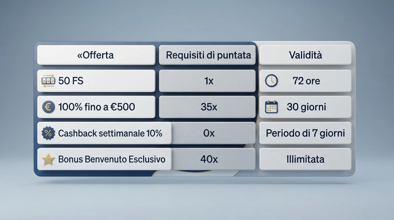 Una tabella comparativa stilizzata con loghi di casinò online, affiancati da valori di giri gratis, wagering e validità
