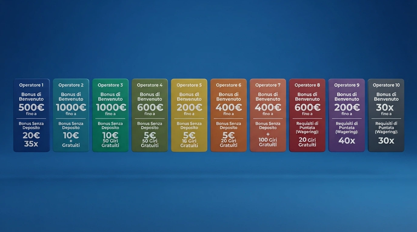 Schema visivo che affianca i loghi dei 10 operatori ADM recensiti con le rispettive offerte sintetiche: importo del bonus senza deposito, numero di giri gratis, moltiplicatore di wagering e bonus di benvenuto.