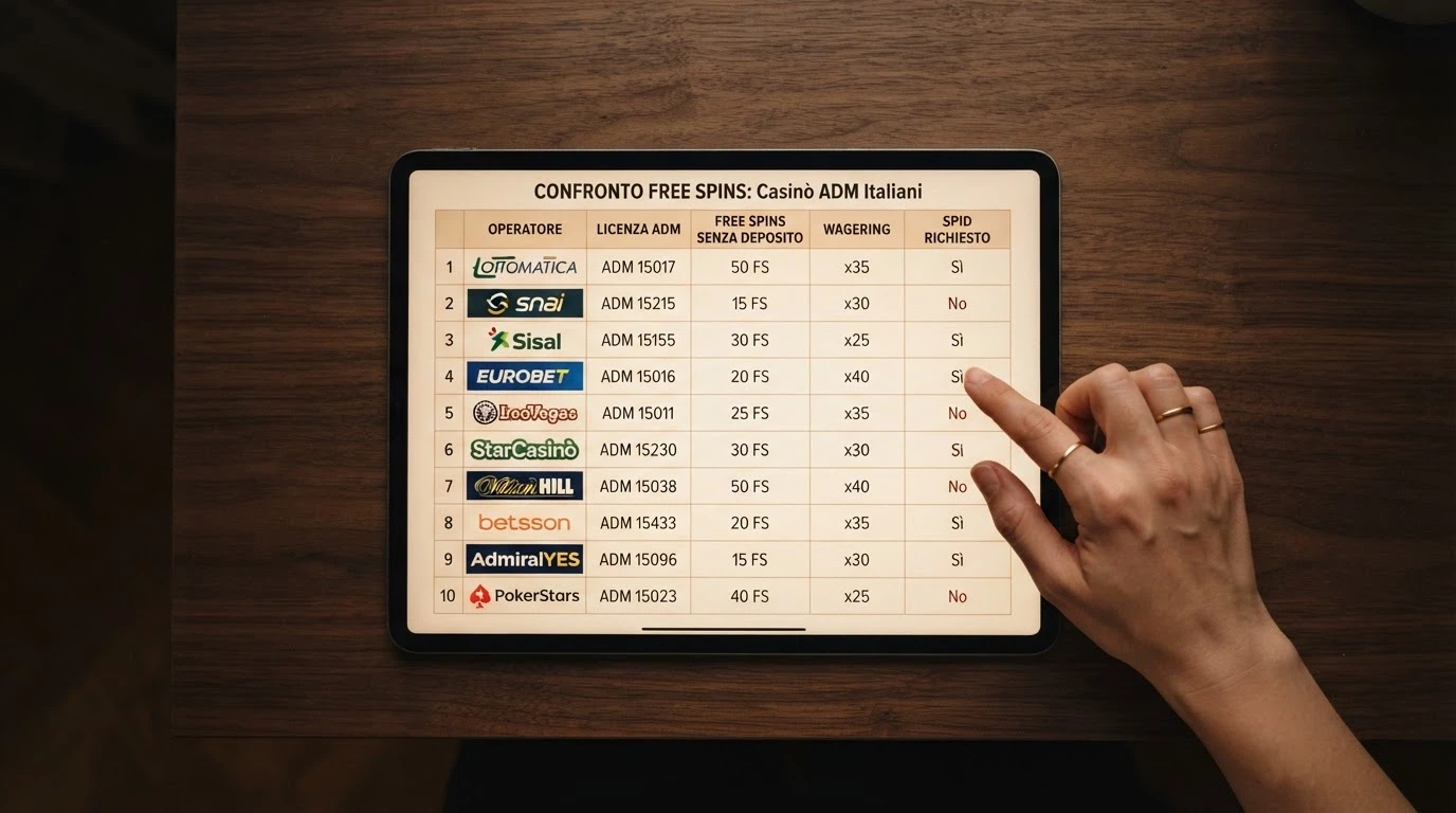 Una tabella comparativa stilizzata con icone che rappresentano licenza, giri gratis, orologio e percentuale — ogni colonna un parametro, ogni riga un operatore