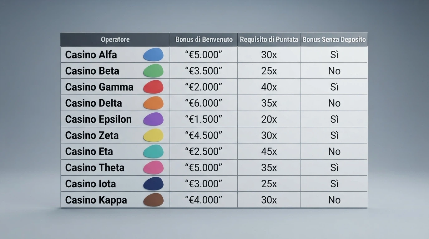 Tabella comparativa con i nomi e i bonus di benvenuto dei 10 operatori di casinò online con licenza ADM attivi in Italia