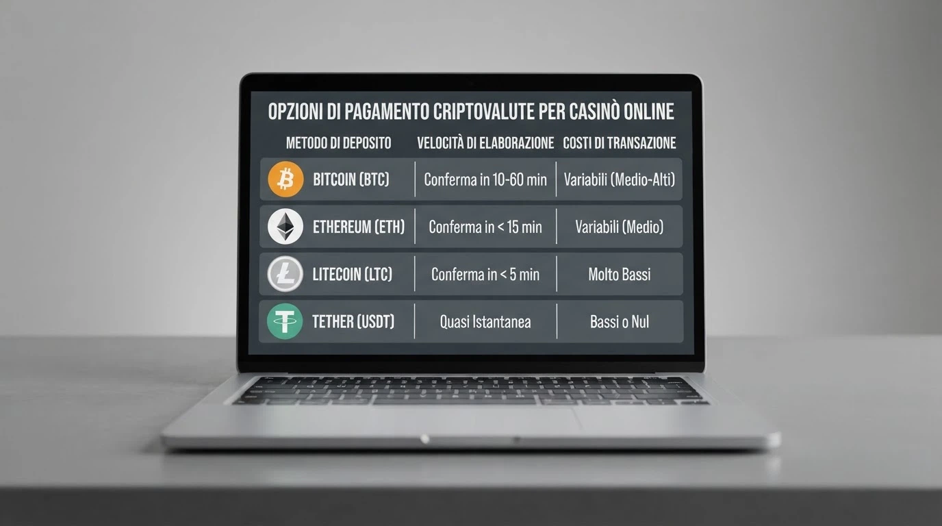 Una schermata di confronto con loghi di casinò crypto affiancati da icone di criptovalute (BTC, ETH, USDT) e simboli di licenza barrati in rosso