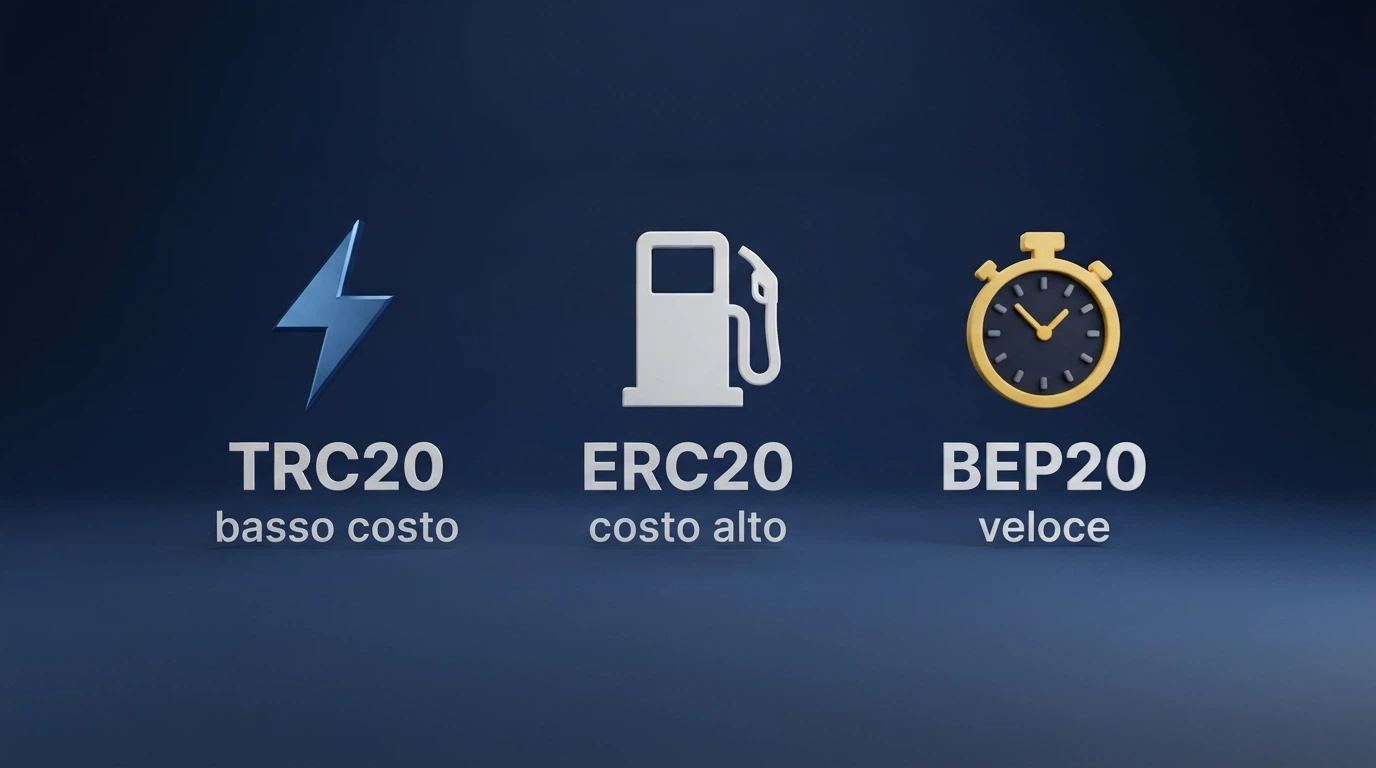 Uno schema comparativo delle tre reti USDT (TRC20, ERC20, BEP20) con i tempi di conferma e le commissioni tipiche affiancate