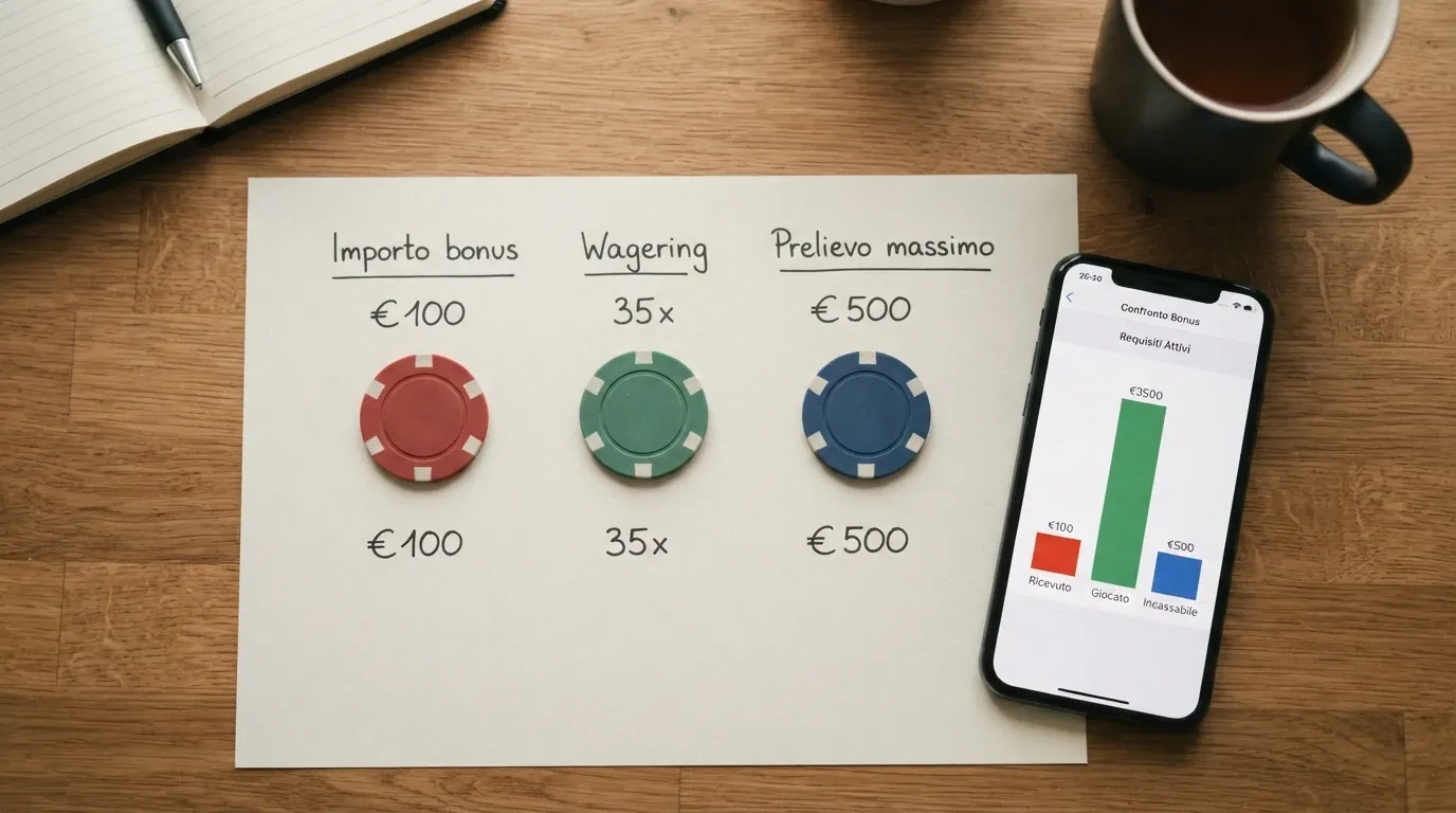 Tre colonne affiancate con importo del bonus, moltiplicatore di wagering e cifra massima prelevabile, in calce un orologio che segna la scadenza