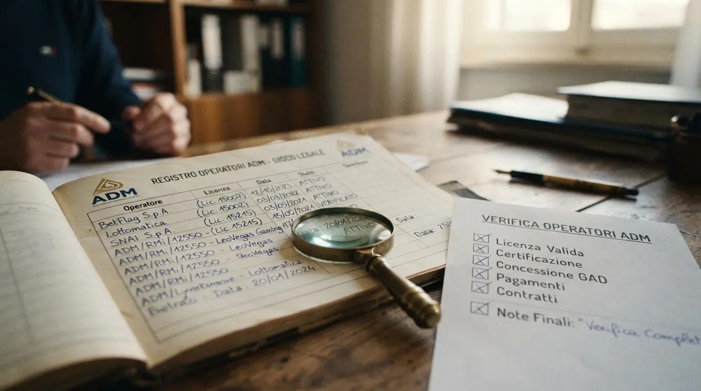 Una scrivania con un registro ufficiale aperto, una lente di ingrandimento e una lista di controllo con caselle spuntate.