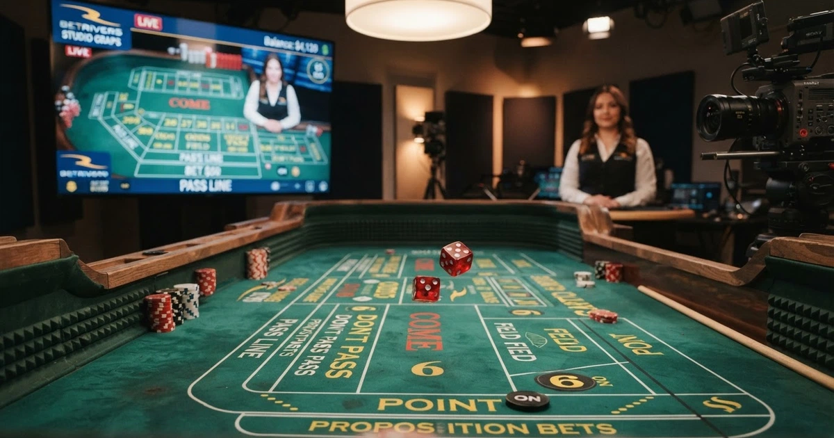 Un tavolo da craps digitale con il layout completo delle puntate, due dadi in primo piano e un'interfaccia da casinò online visibile sullo sfondo