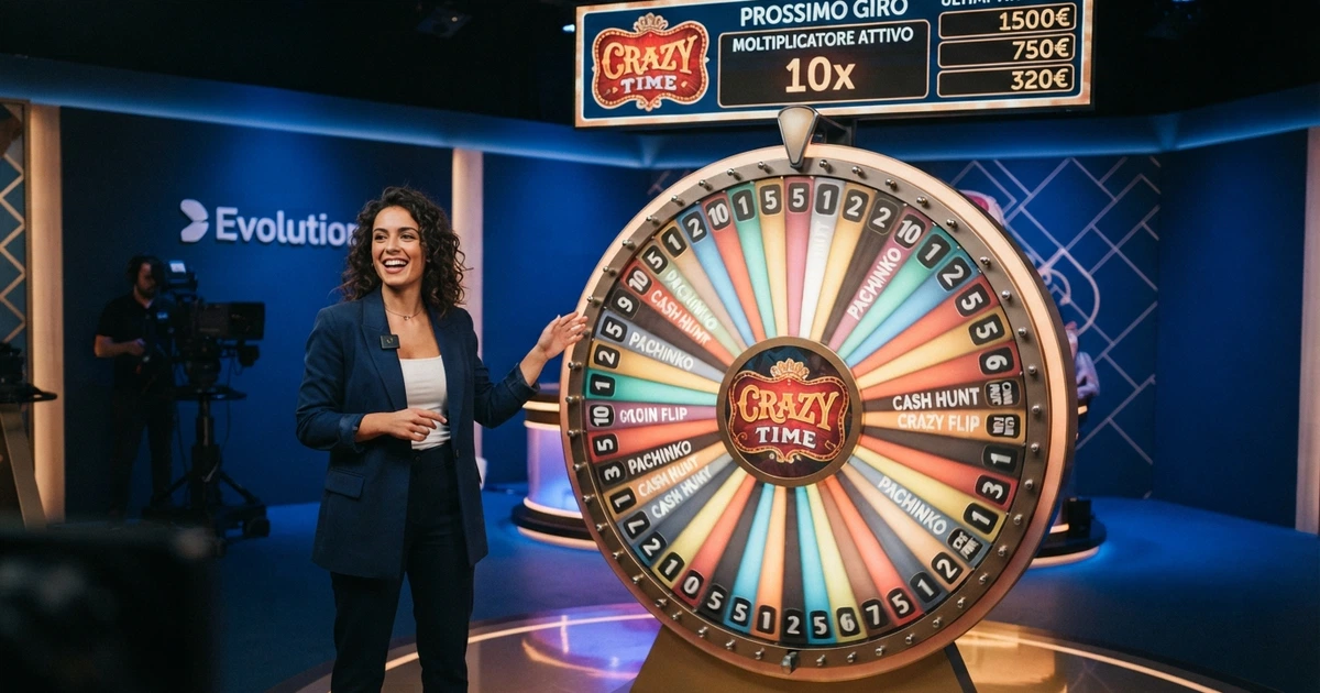 La ruota della fortuna di Crazy Time con il presentatore in diretta dallo studio, i 54 segmenti colorati e il display digitale del moltiplicatore