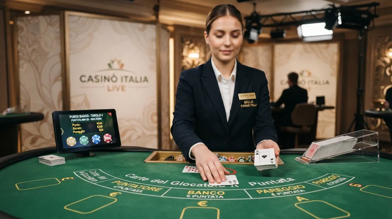 Croupier in uniforme al tavolo di punto banco live con l'interfaccia delle puntate visibile in sovrimpressione