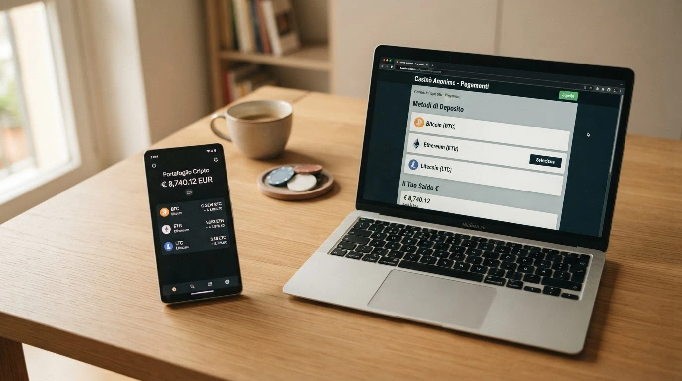 Uno smartphone con l'interfaccia di un wallet di criptovalute accanto alla schermata di deposito di un casinò crypto, con i loghi di Bitcoin, Ethereum e Monero