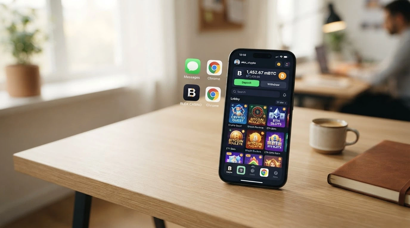 Uno smartphone con il browser aperto su un crypto casino responsive e, accanto, l’icona di una PWA aggiunta alla schermata Home